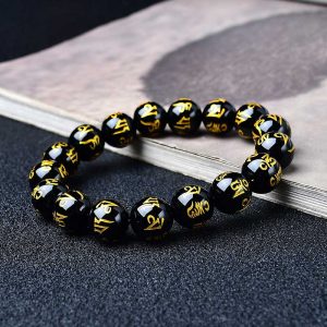 2026 Tibetan Buddhist Six-Character Mantra Bracelet – Natural Obsidian Beads Lucky Couple Jewelry for Men & Women