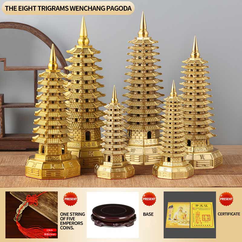 Brass Ba Gua Wen Chang Tower – 9-Tier & 13-Tier Copper Wen Chang Pagoda Feng Shui Home Desk Decoration