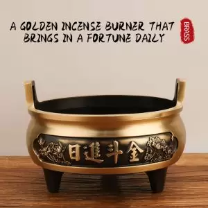 Fortune-Bringing Brass Incense Burner – Double-Ear Three-Leg Copper Censer for Buddha Offering & Wealth