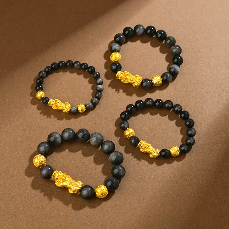 Natural Black Obsidian Pixiu Bracelet – Gold Sand Beads Feng Shui Wealth Attracting Bracelet for Men & Women - Image 4