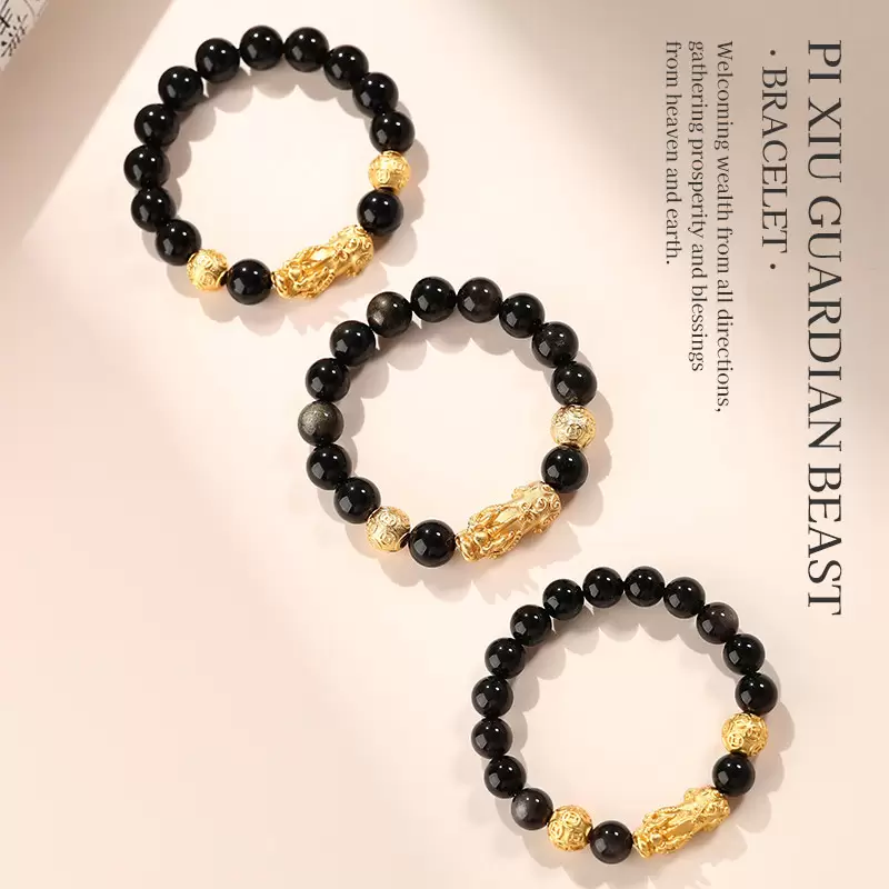 Natural Black Obsidian Pixiu Bracelet – Gold Sand Beads Feng Shui Wealth Attracting Bracelet for Men & Women - Image 14