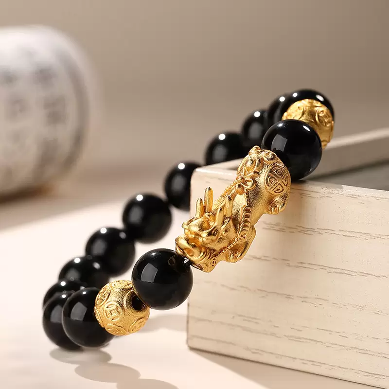 Natural Black Obsidian Pixiu Bracelet – Gold Sand Beads Feng Shui Wealth Attracting Bracelet for Men & Women