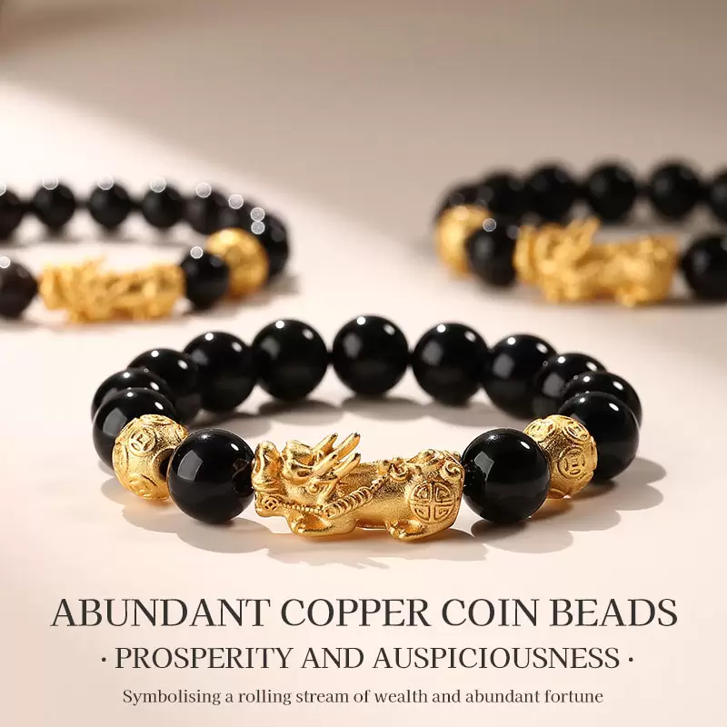 Natural Black Obsidian Pixiu Bracelet – Gold Sand Beads Feng Shui Wealth Attracting Bracelet for Men & Women - Image 3