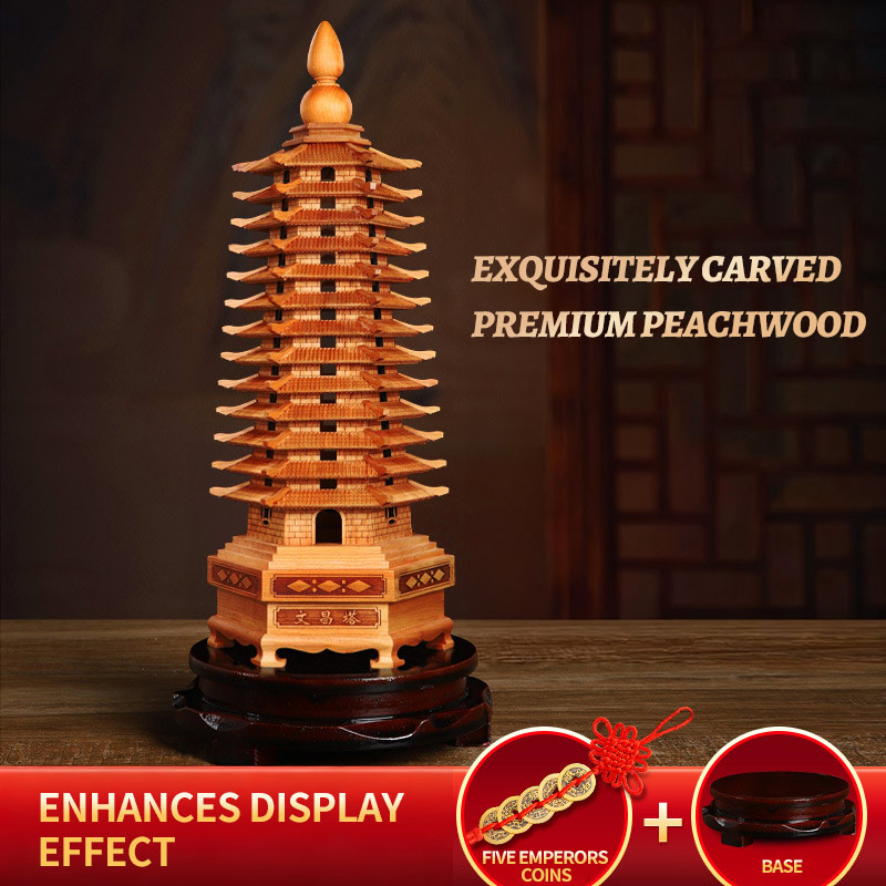 Peach Wood Wen Chang Tower – 9 & 13-Tier Feng Shui Pagoda for Study Room & Office Desk Decor - Image 5