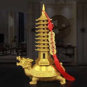 Solid Brass Wen Chang Pagoda with Dragon Turtle Base – 9/13-Tier Feng Shui Tower for Home, Study & Office